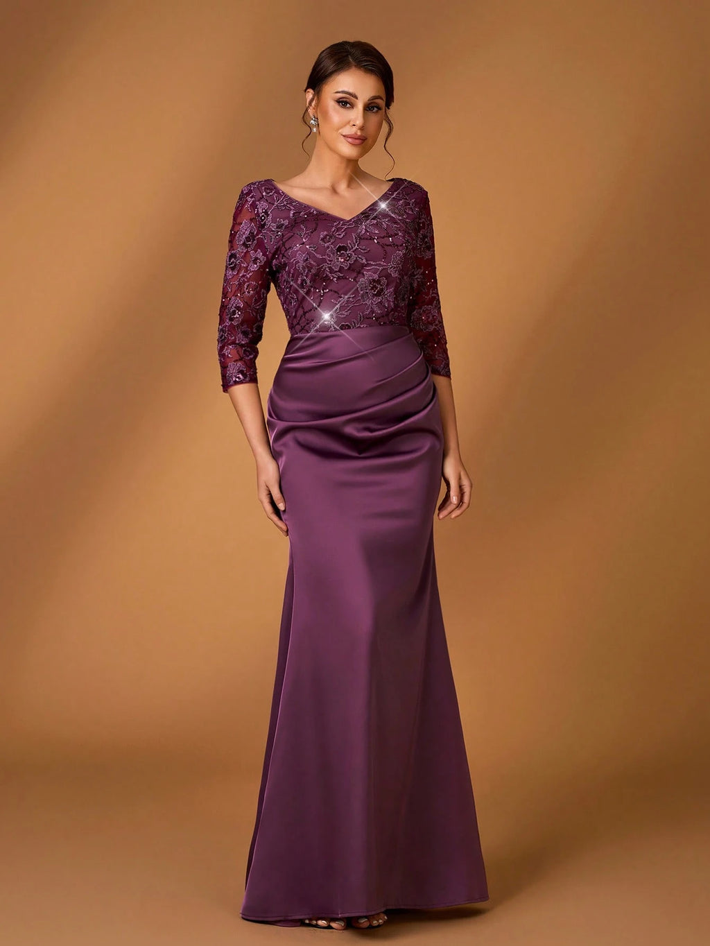 Serin Women's Purple Winter Elegant Formal Evening Dress,Luxury Sequin Mesh Embroidery Satin V-Neck - image 6