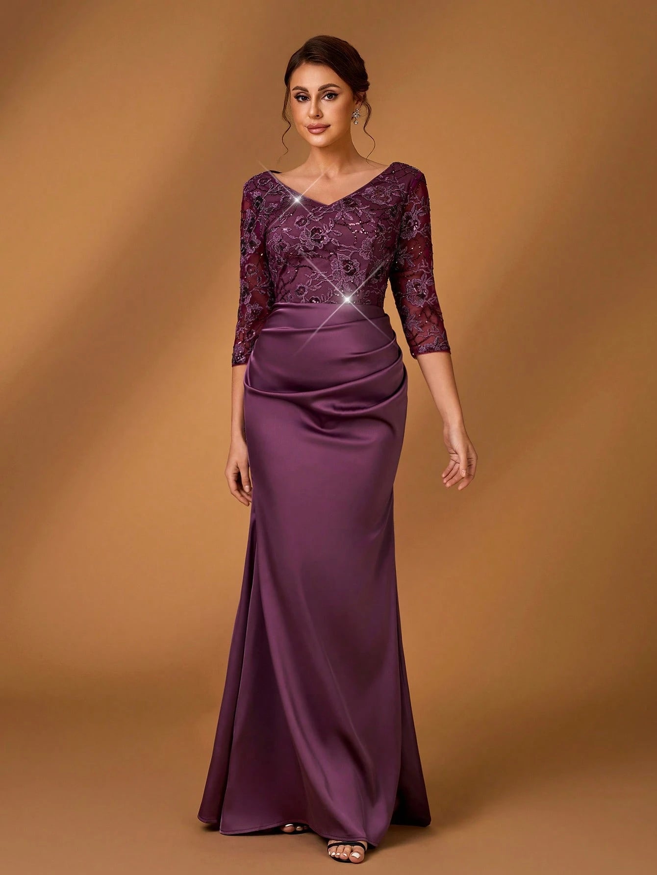 Serin Women's Purple Winter Elegant Formal Evening Dress,Luxury Sequin Mesh Embroidery Satin V-Neck - image 7