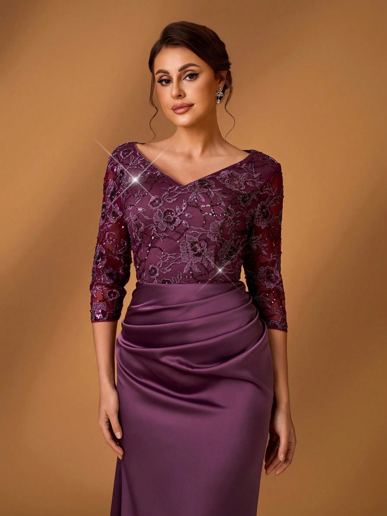 Serin Women's Purple Winter Elegant Formal Evening Dress,Luxury Sequin Mesh Embroidery Satin V-Neck