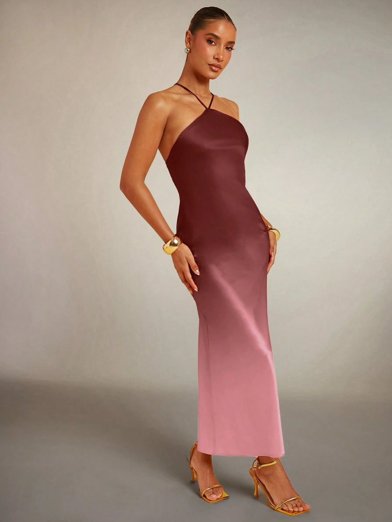 Hauture Ombre Satin Strappy Halter Backless Maxi Dress,Bodycon Dress - image 16