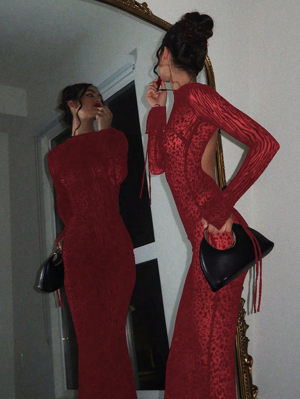 Sexy Fashionable Leopard Print Elegant Long Sleeve Dress Casual Black