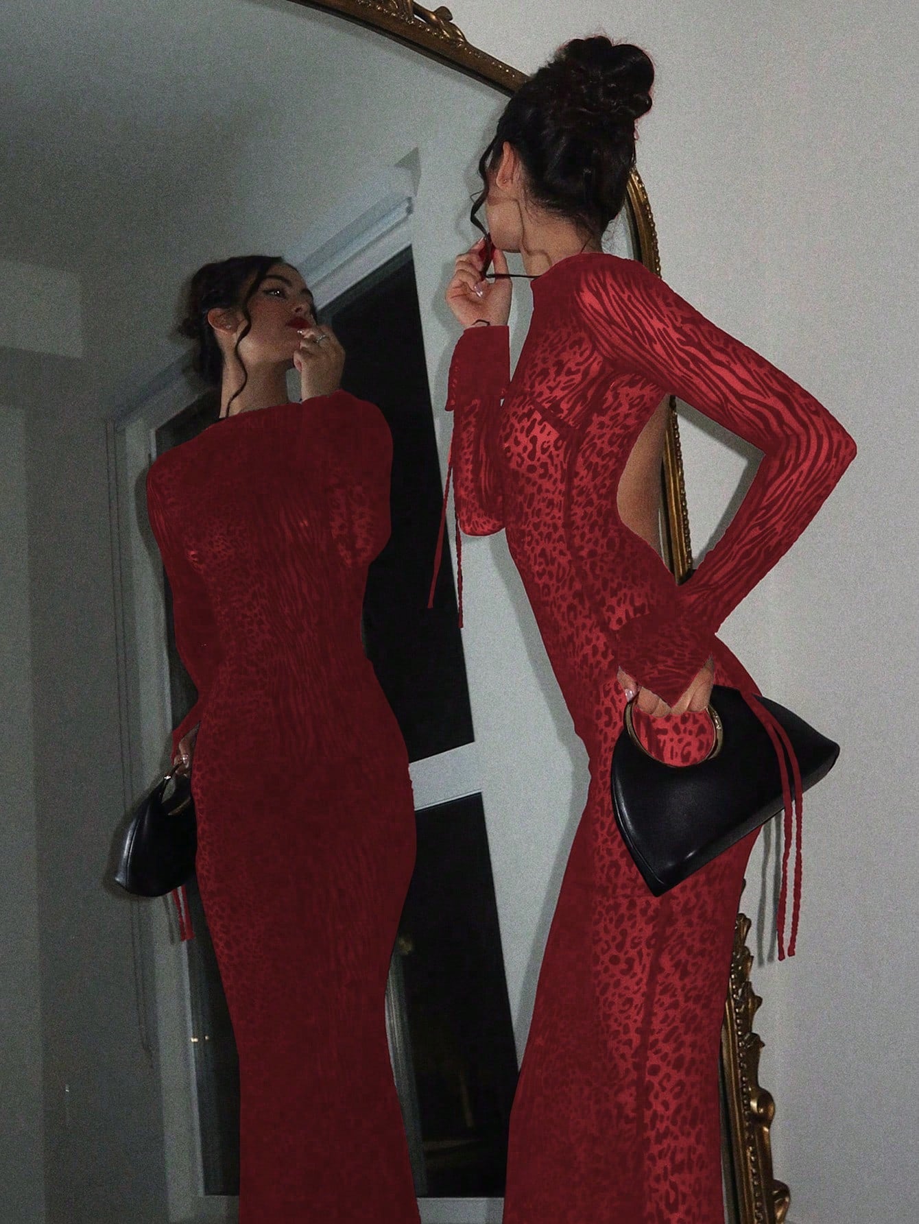 Sexy Fashionable Leopard Print Elegant Long Sleeve Dress Casual Black