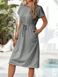 Rusticease Women's Casual Striped Drawstring Waist Mid-Length Dress,
