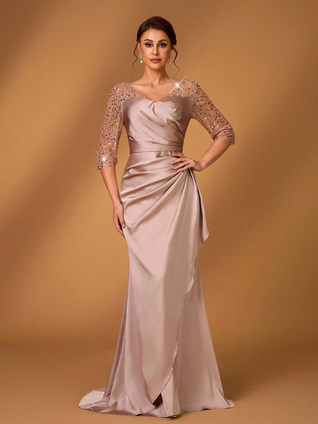 Serin Dusty Pink Summer Elegant Bridesmaid Formal Party Wedding Satin Sequins Embroidery V-Neck Three-Quarter - image 5