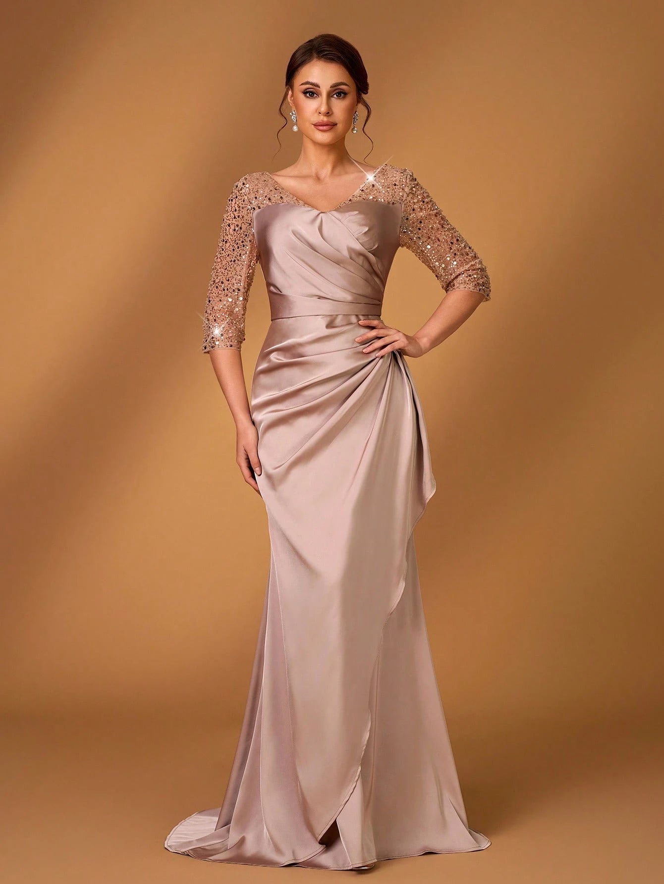 Serin Dusty Pink Summer Elegant Bridesmaid Formal Party Wedding Satin Sequins Embroidery V-Neck Three-Quarter - image 5