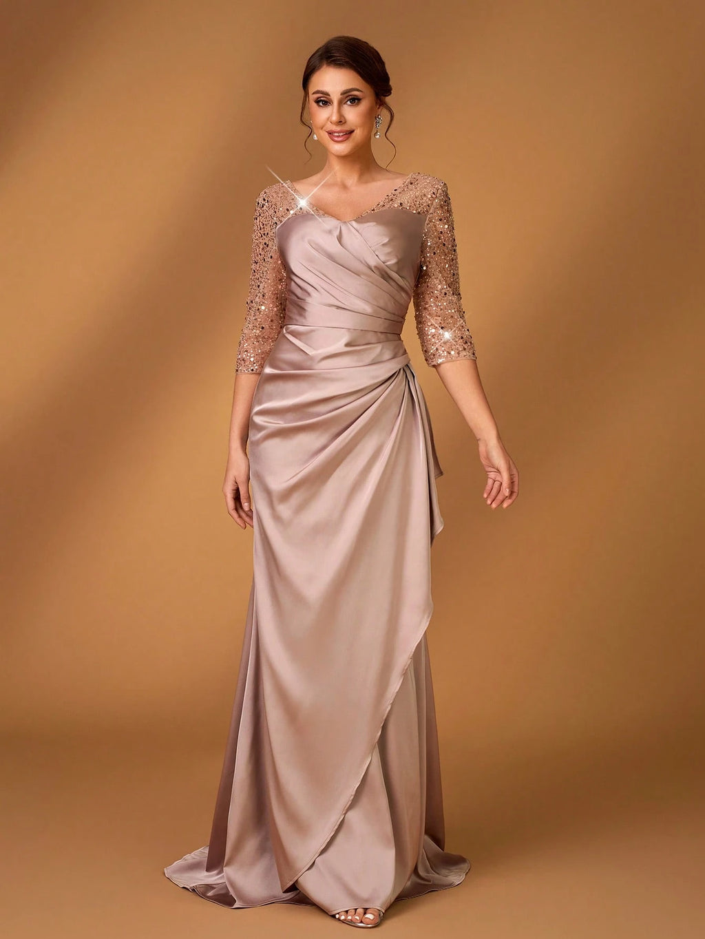 Serin Dusty Pink Summer Elegant Bridesmaid Formal Party Wedding Satin Sequins Embroidery V-Neck Three-Quarter - image 2
