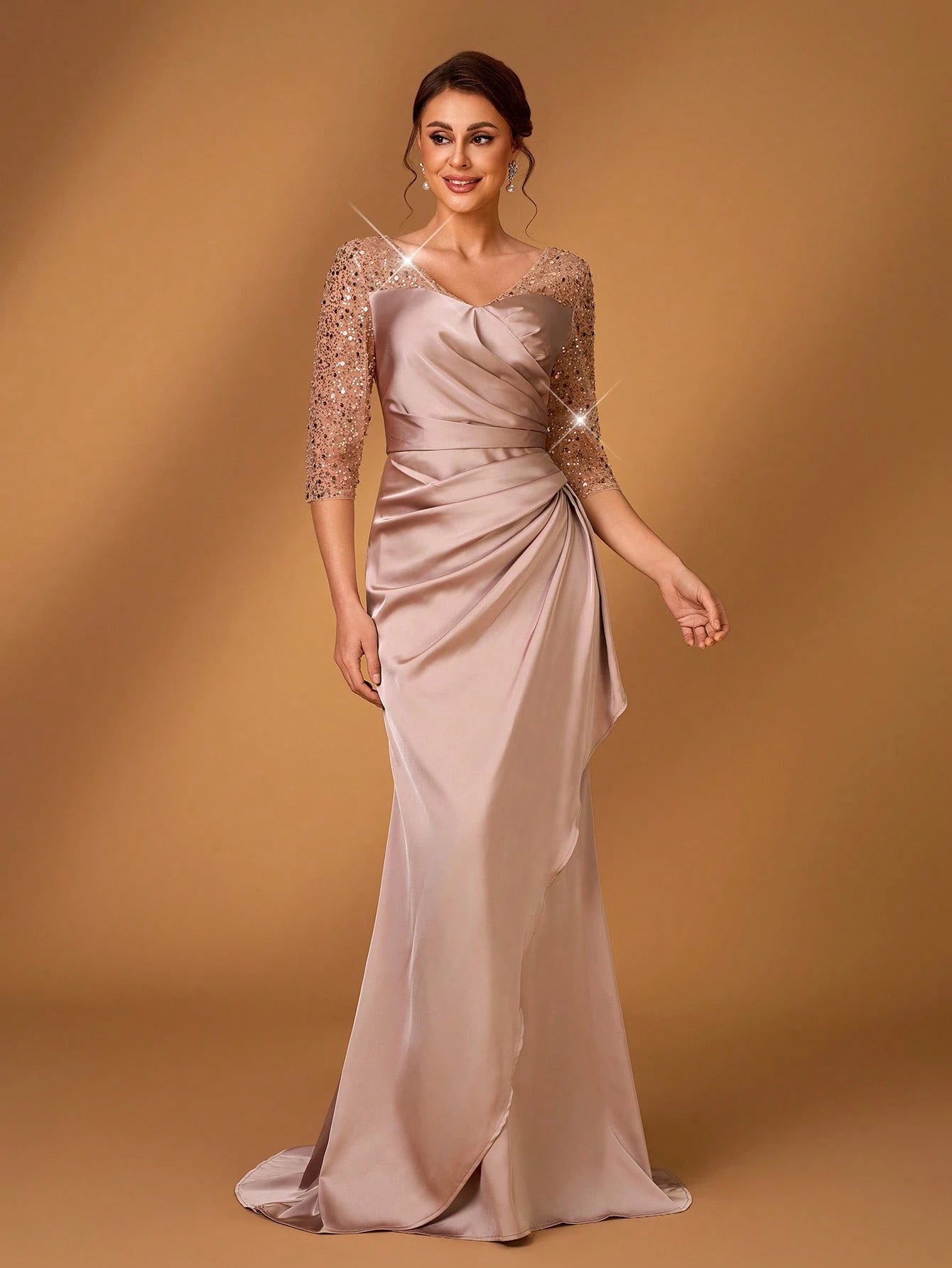 Serin Dusty Pink Summer Elegant Bridesmaid Formal Party Wedding Satin Sequins Embroidery V-Neck Three-Quarter - image 6