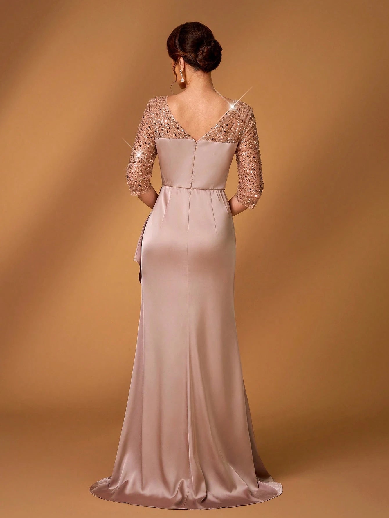Serin Dusty Pink Summer Elegant Bridesmaid Formal Party Wedding Satin Sequins Embroidery V-Neck Three-Quarter - image 3