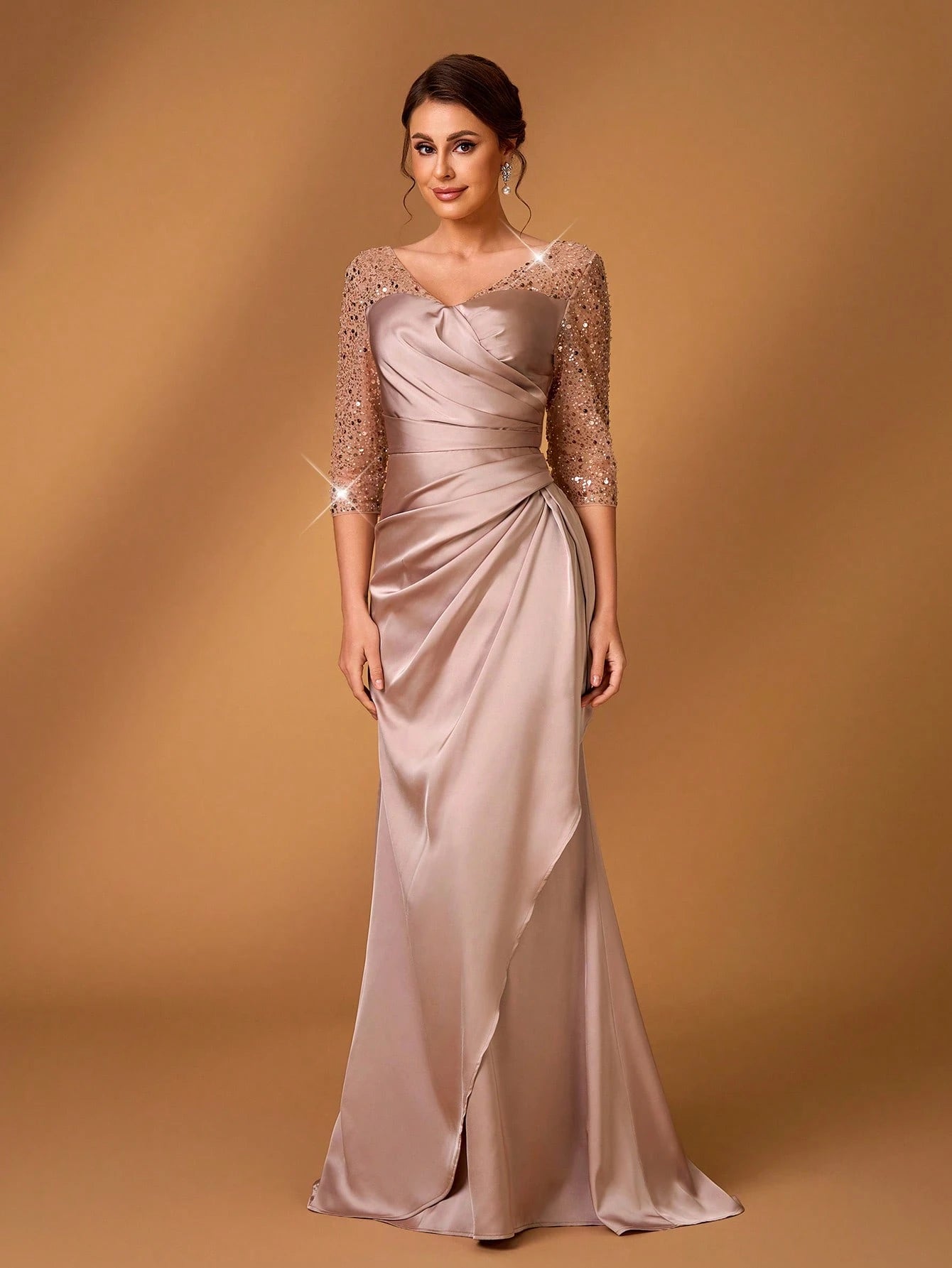 Serin Dusty Pink Summer Elegant Bridesmaid Formal Party Wedding Satin Sequins Embroidery V-Neck Three-Quarter - image 7