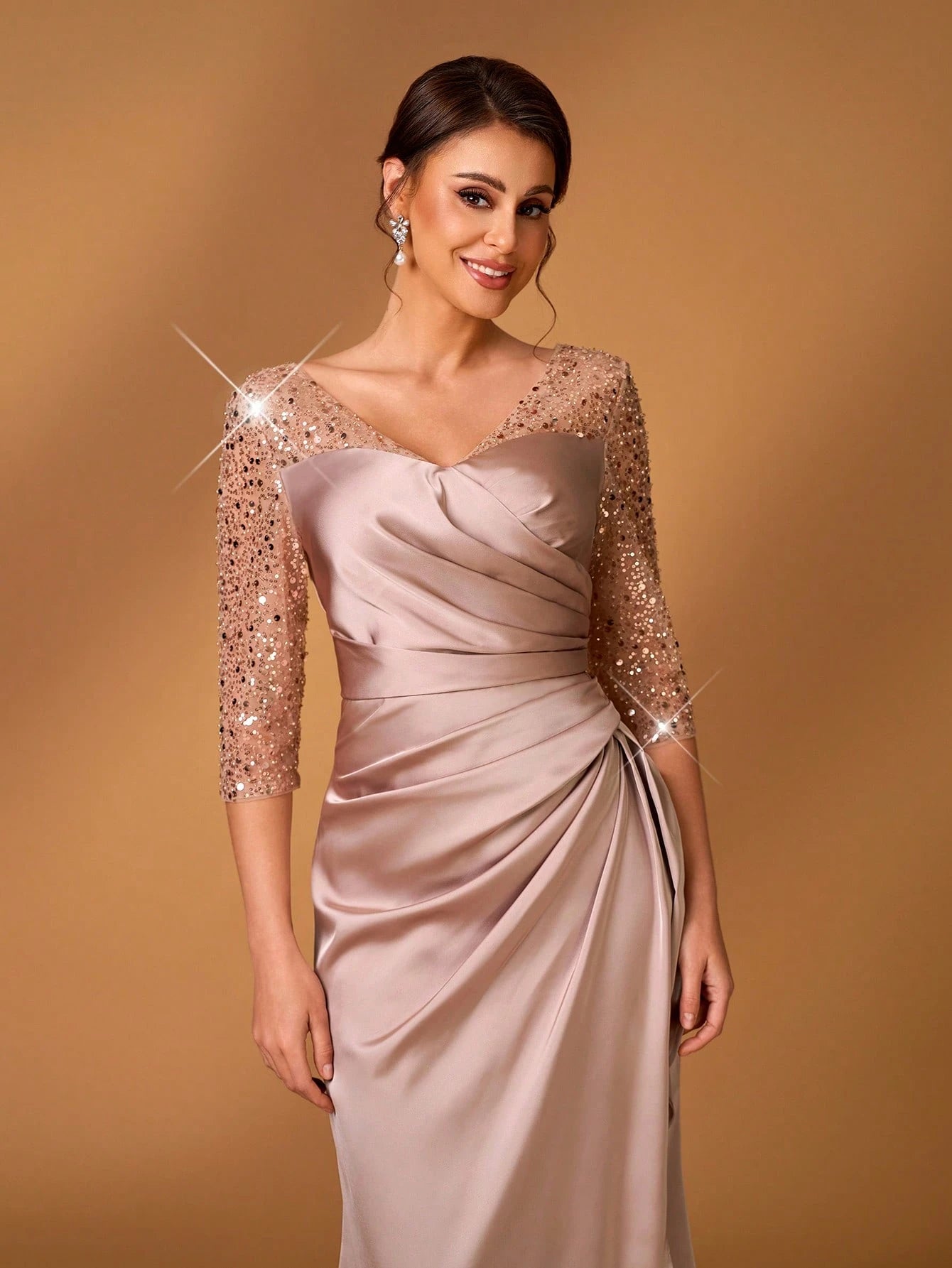 Serin Dusty Pink Summer Elegant Bridesmaid Formal Party Wedding Satin Sequins Embroidery V-Neck Three-Quarter - image 4