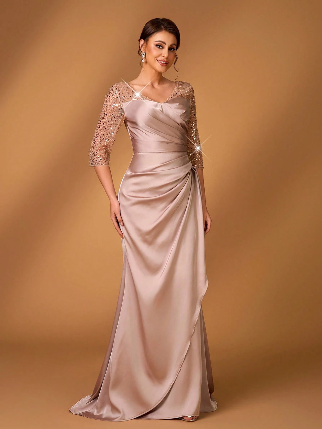 Serin Dusty Pink Summer Elegant Bridesmaid Formal Party Wedding Satin Sequins Embroidery V-Neck Three-Quarter - image 8