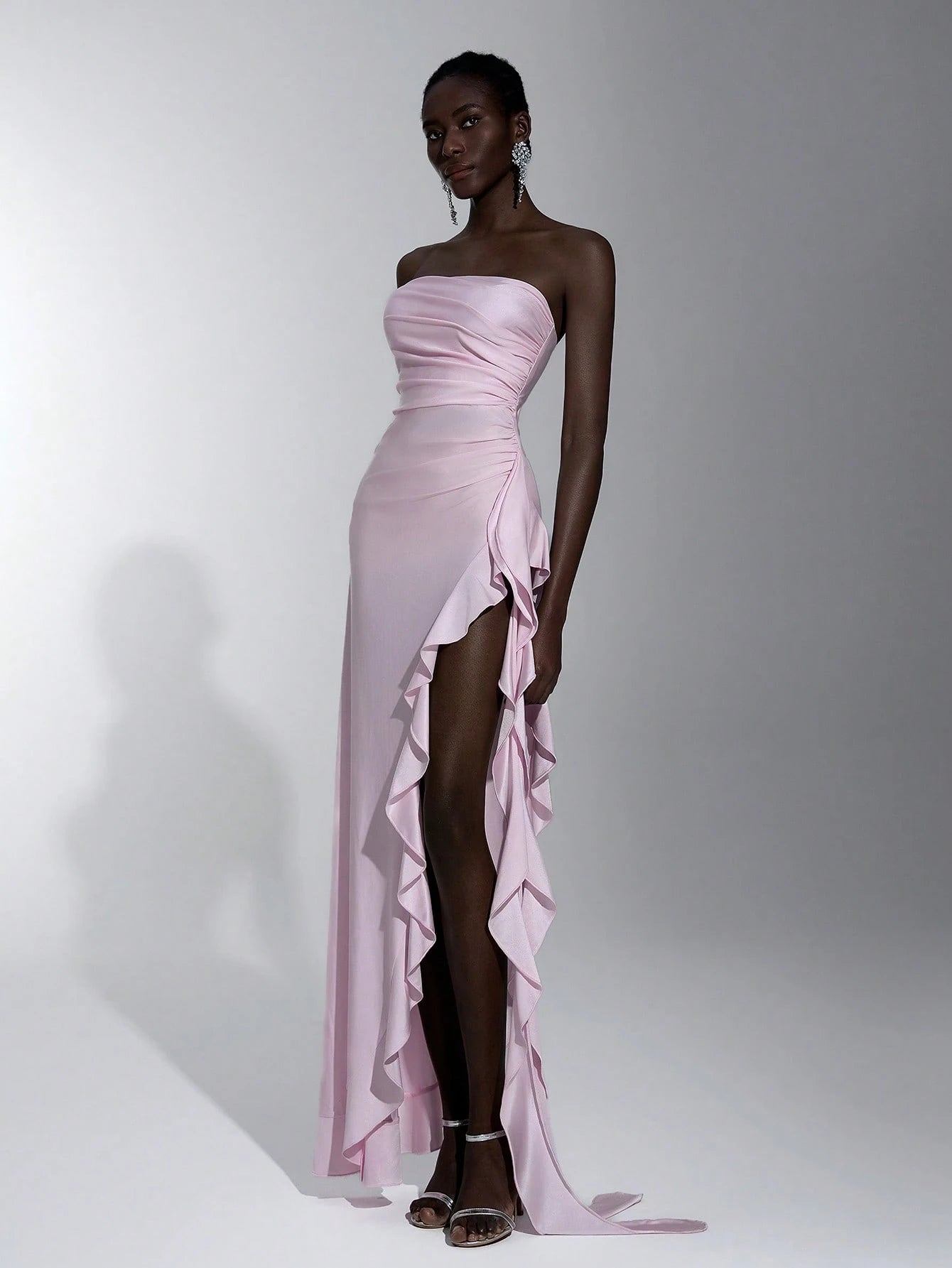 Elitara Elegant, Romantic, Sexy Knit Satin Strapless Ruched Bodycon Dress With Ruffle Trim And High Slit, - image 8