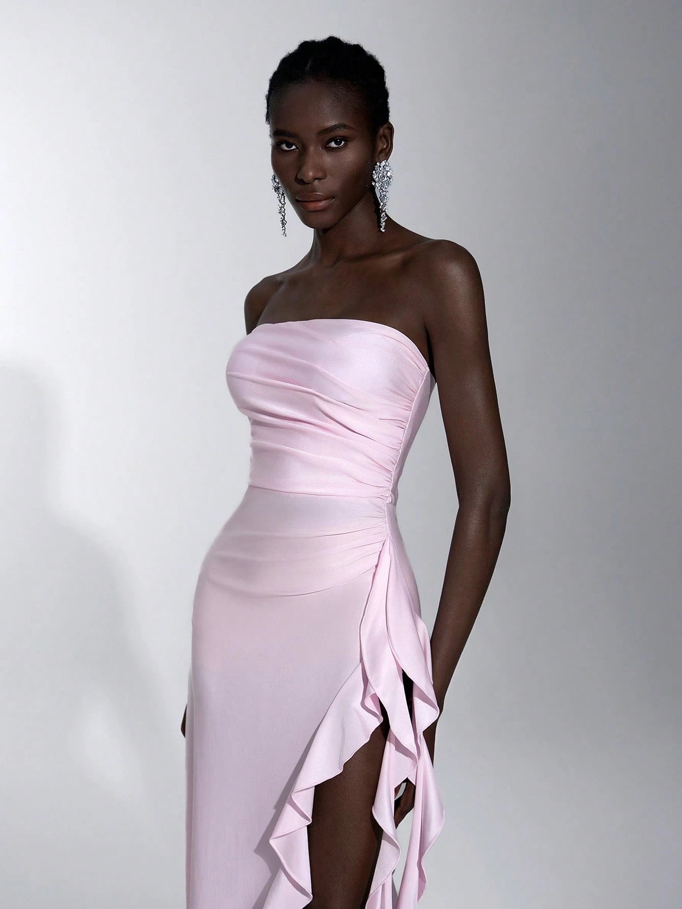 Elitara Elegant, Romantic, Sexy Knit Satin Strapless Ruched Bodycon Dress With Ruffle Trim And High Slit, - image 10