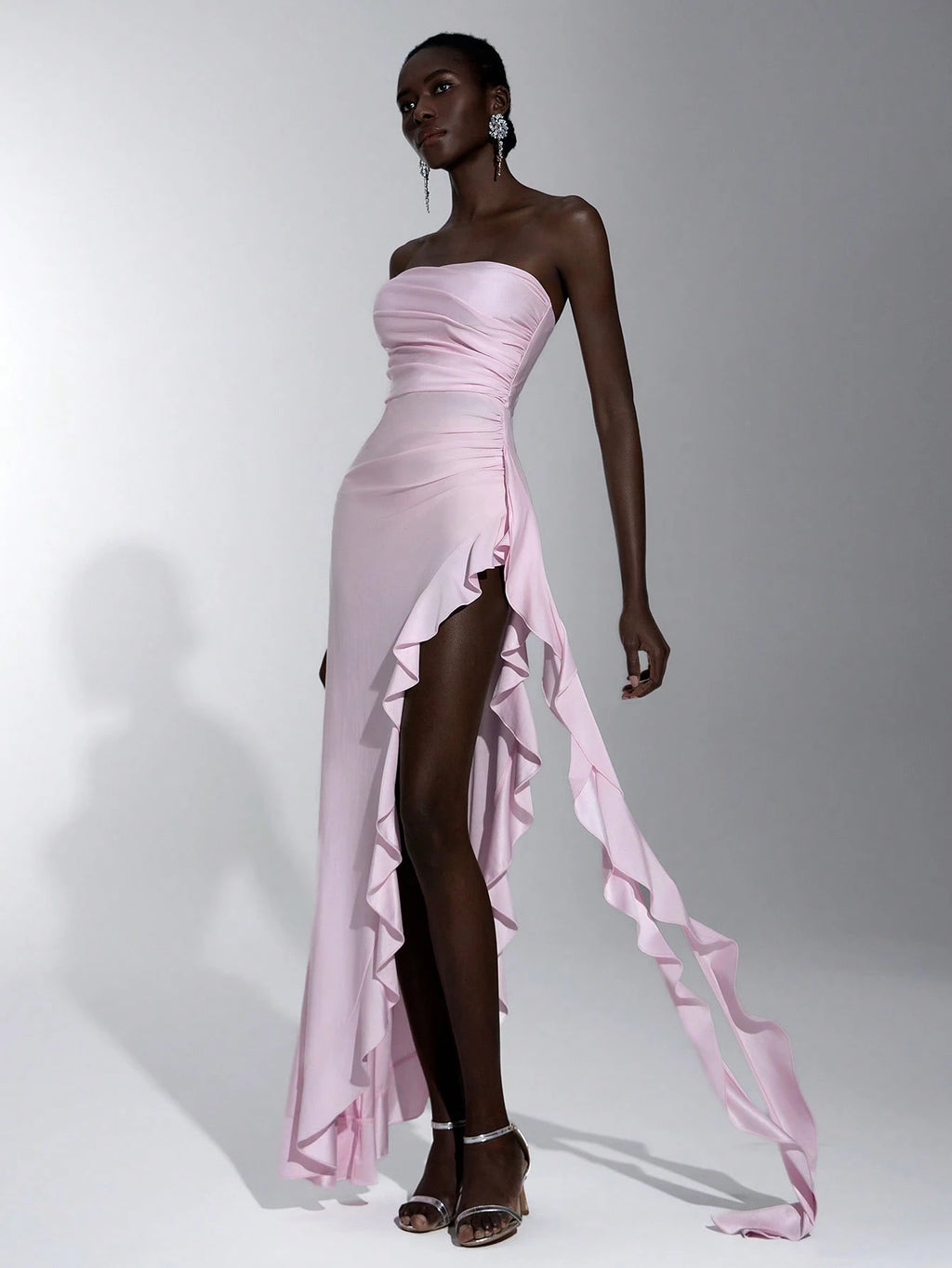 Elitara Elegant, Romantic, Sexy Knit Satin Strapless Ruched Bodycon Dress With Ruffle Trim And High Slit, - image 12