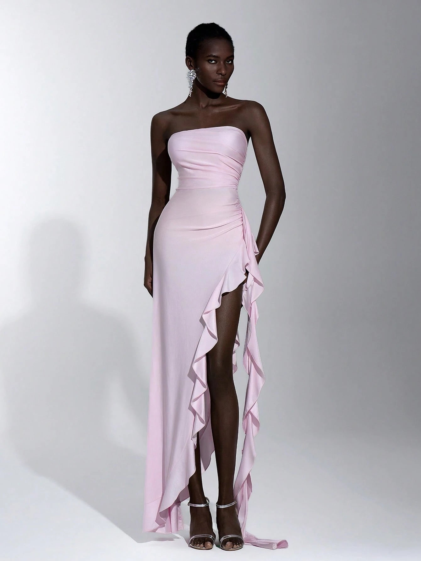 Elitara Elegant, Romantic, Sexy Knit Satin Strapless Ruched Bodycon Dress With Ruffle Trim And High Slit, - image 13