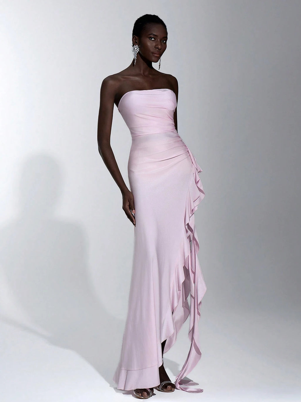 Elitara Elegant, Romantic, Sexy Knit Satin Strapless Ruched Bodycon Dress With Ruffle Trim And High Slit, - image 14