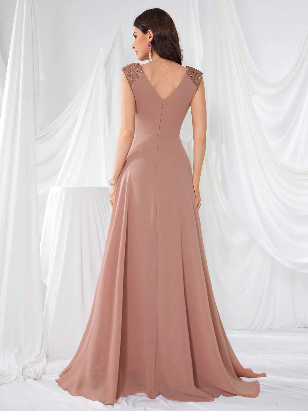 UNITHORSE V-Neck Ruffle Sleeve Pleated Leaf Net Mesh Splice Party Evening Dress Wedding - image 6