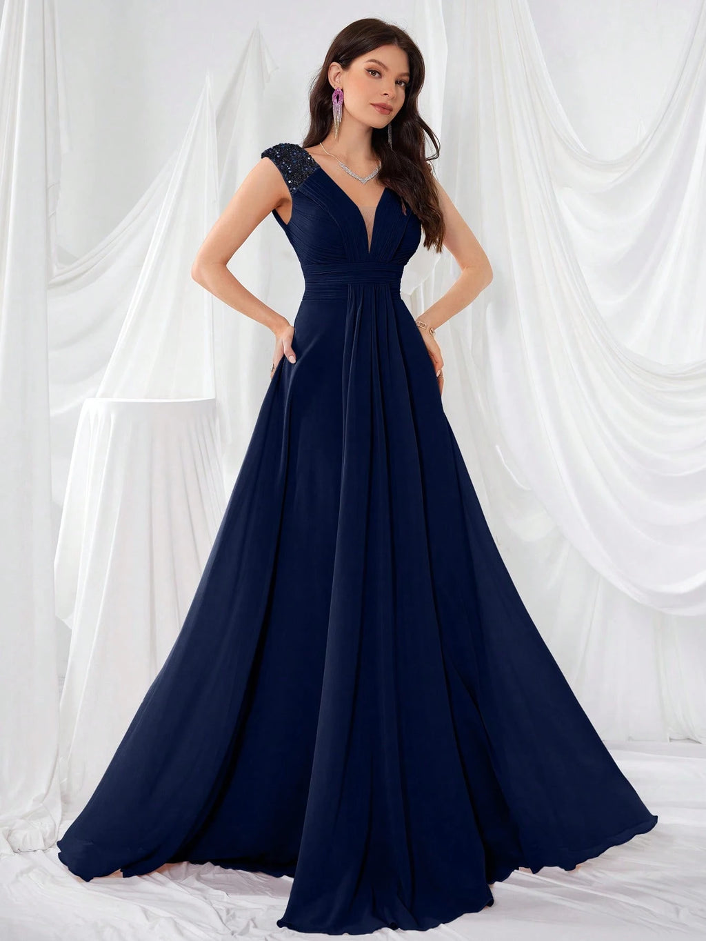 UNITHORSE V-Neck Ruffle Sleeve Pleated Leaf Net Mesh Splice Party Evening Dress Wedding - image 13