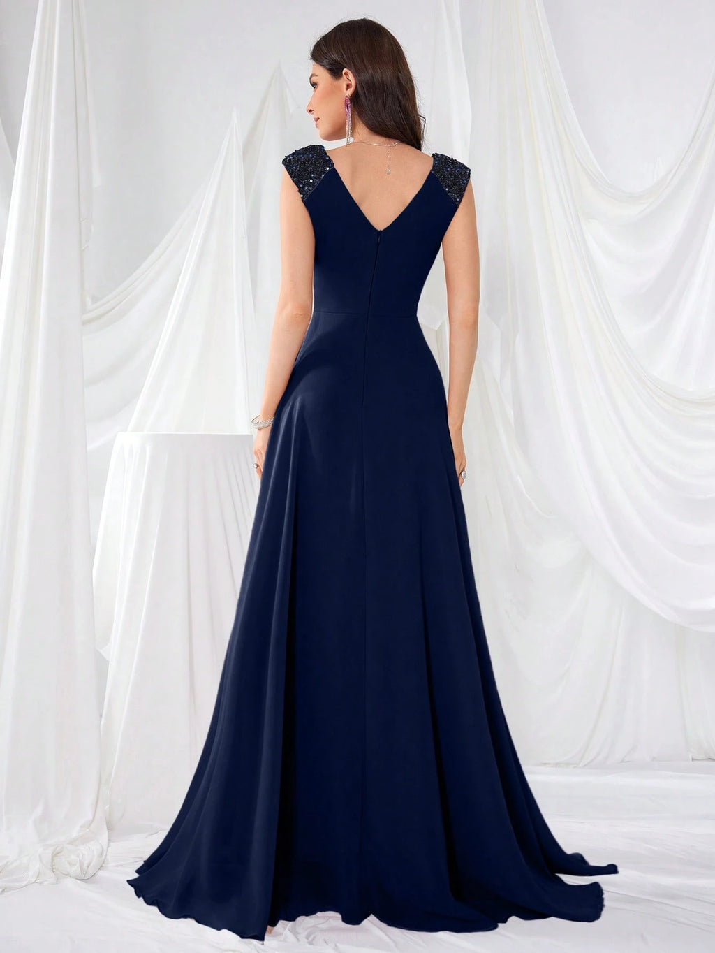 UNITHORSE V-Neck Ruffle Sleeve Pleated Leaf Net Mesh Splice Party Evening Dress Wedding - image 14
