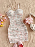 Soleia Vacation Ditsy Floral Ruched Strap Mini Dress, Suitable For Wearing Undergarment Or Outerwear Summer