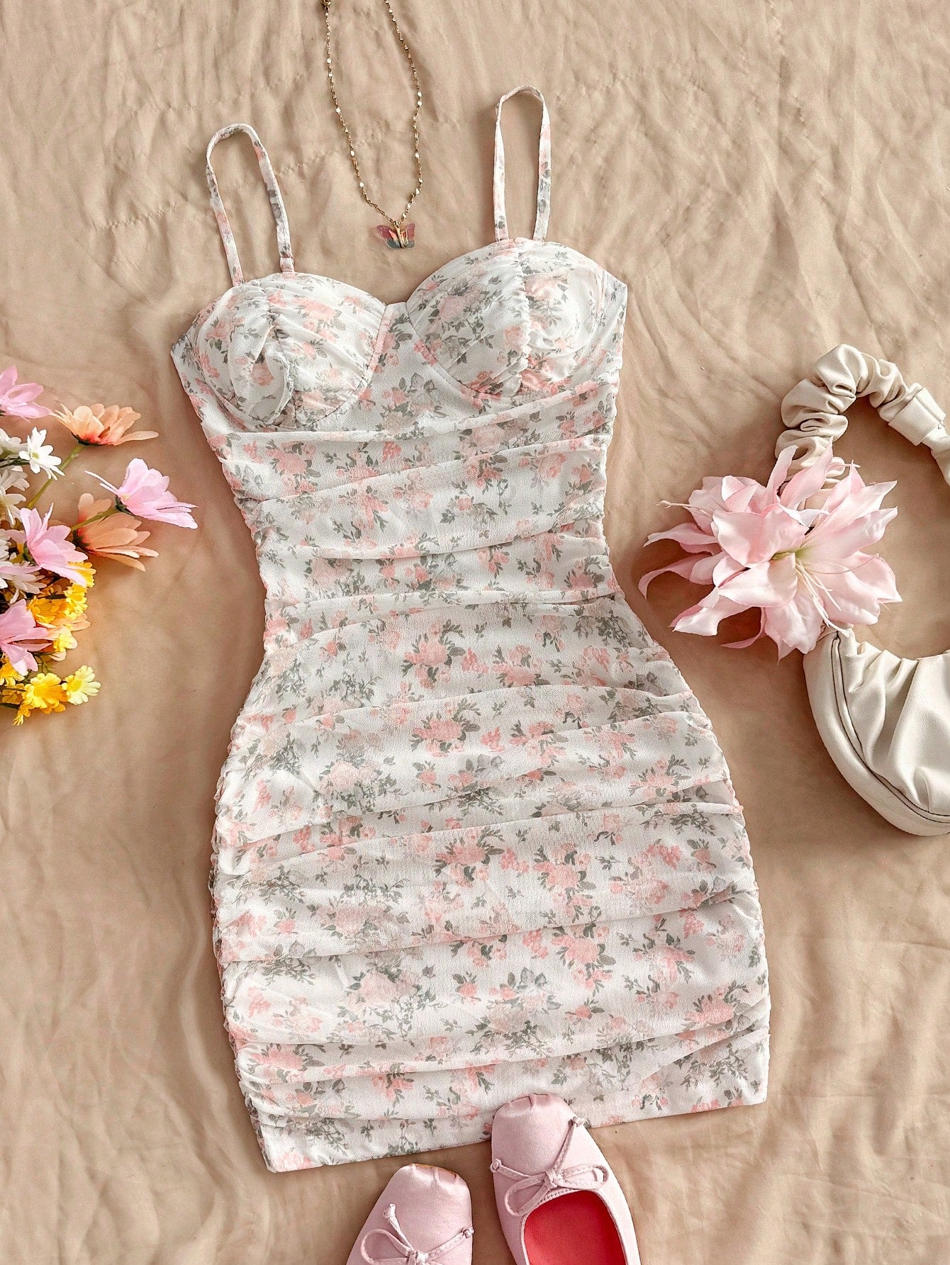 Soleia Vacation Ditsy Floral Ruched Strap Mini Dress, Suitable For Wearing Undergarment Or Outerwear Summer