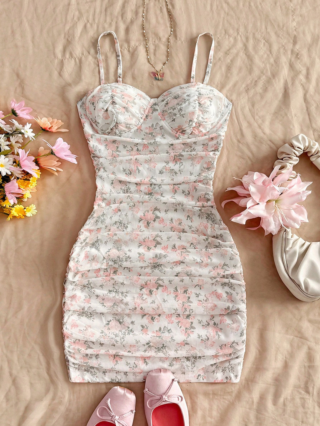 Soleia Vacation Ditsy Floral Ruched Strap Mini Dress, Suitable For Wearing Undergarment Or Outerwear Summer - image 3