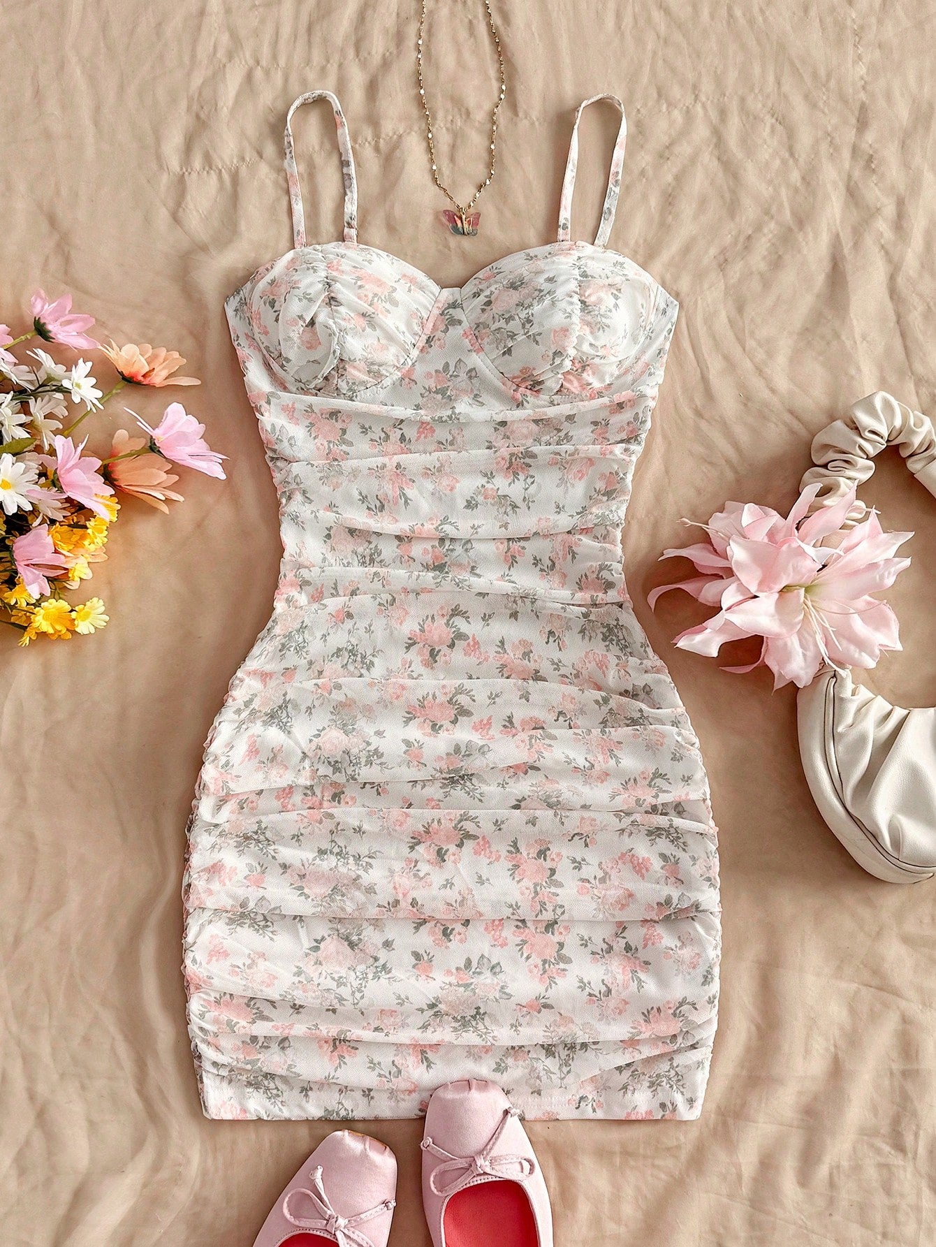 Soleia Vacation Ditsy Floral Ruched Strap Mini Dress, Suitable For Wearing Undergarment Or Outerwear Summer - image 3