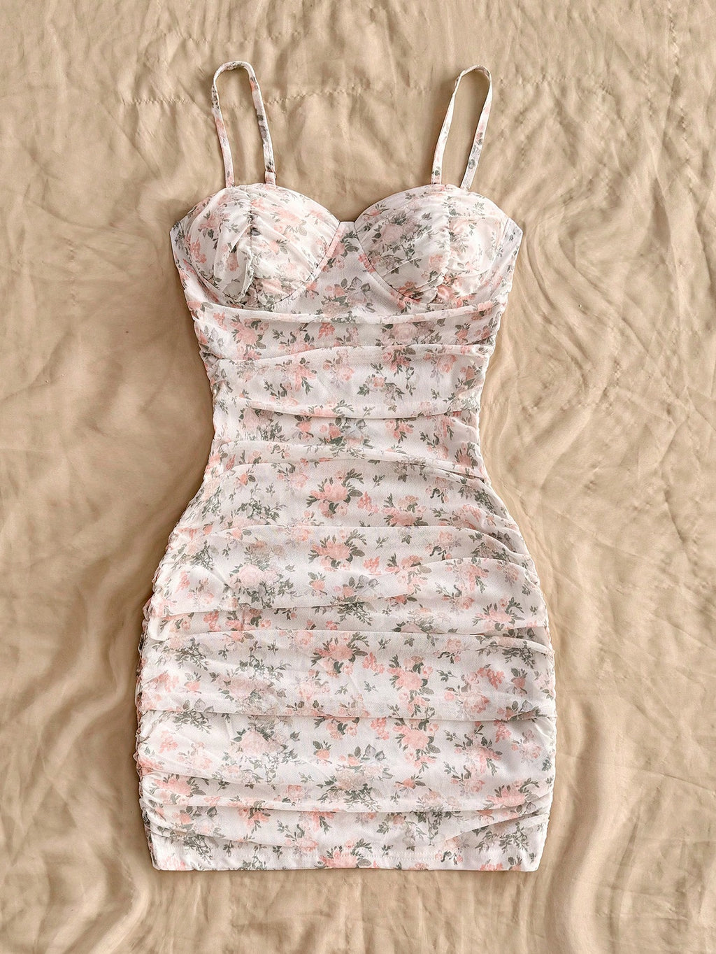 Soleia Vacation Ditsy Floral Ruched Strap Mini Dress, Suitable For Wearing Undergarment Or Outerwear Summer - image 4