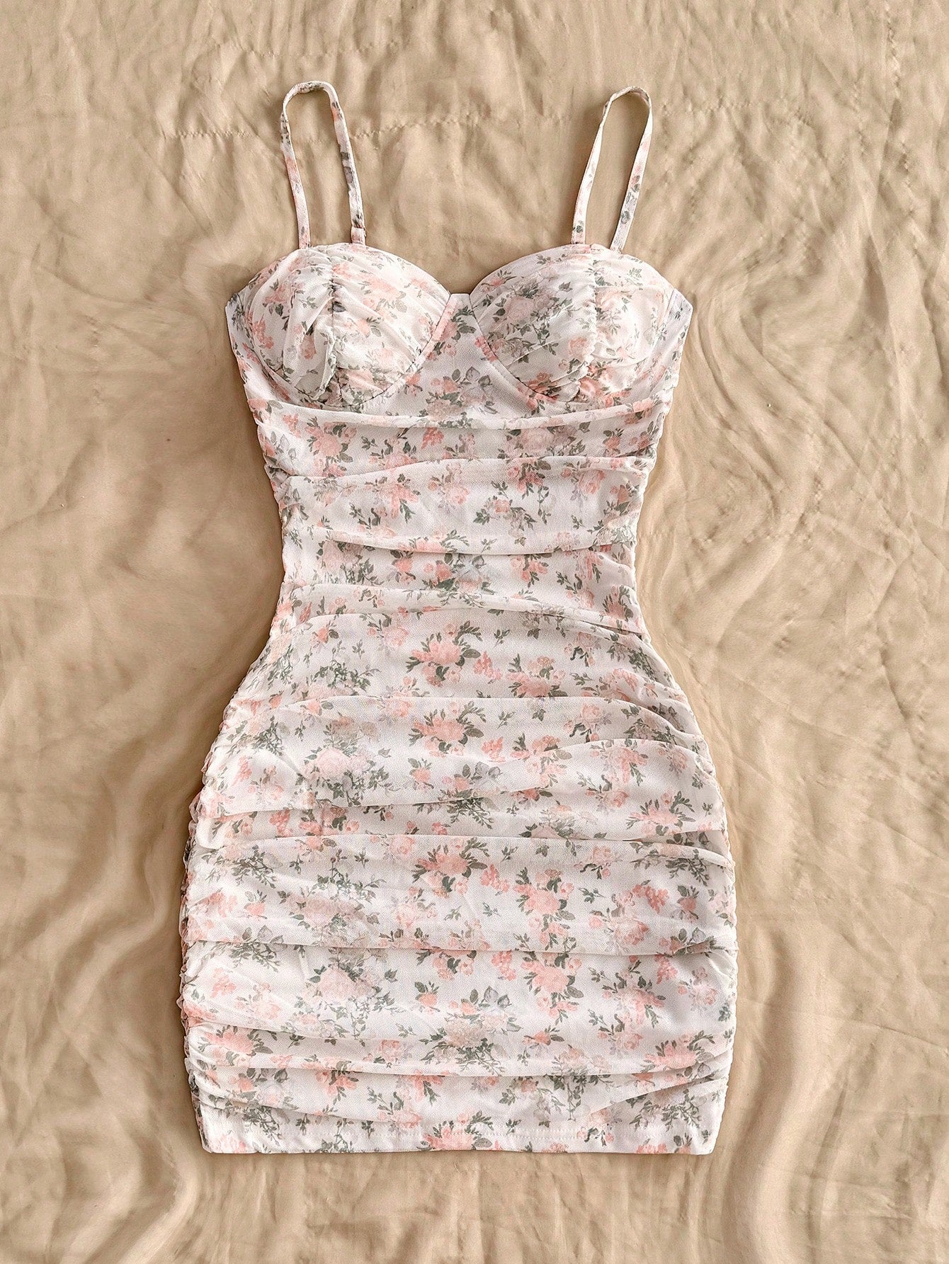 Soleia Vacation Ditsy Floral Ruched Strap Mini Dress, Suitable For Wearing Undergarment Or Outerwear Summer - image 4