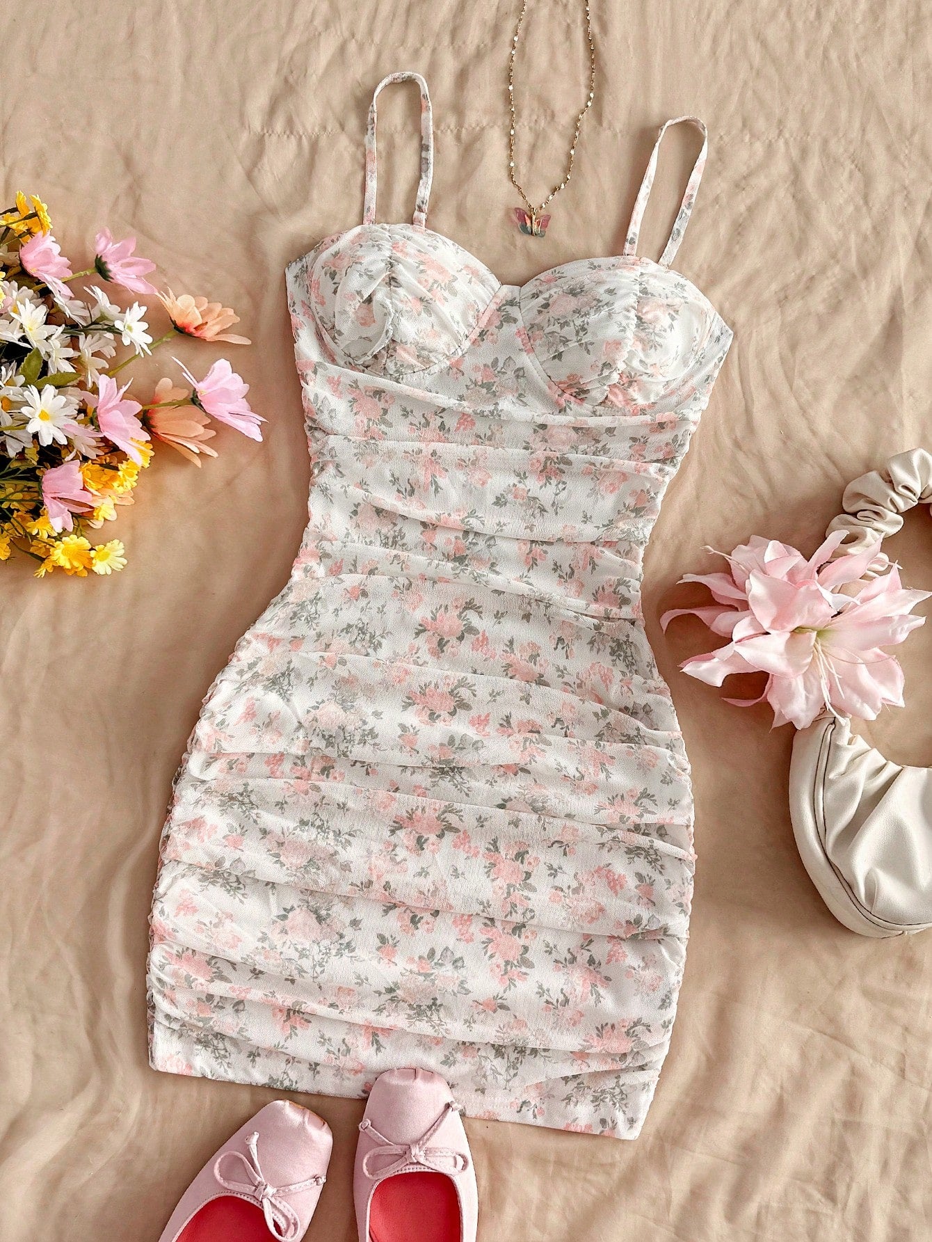 Soleia Vacation Ditsy Floral Ruched Strap Mini Dress, Suitable For Wearing Undergarment Or Outerwear Summer - image 5