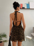 EZwear Women's New Leopard Print Halter Backless A-Line Mini Dress