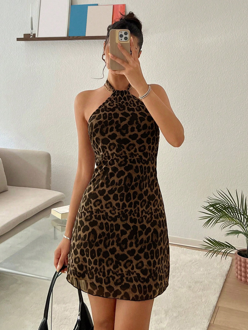 EZwear Women's New Leopard Print Halter Backless A-Line Mini Dress