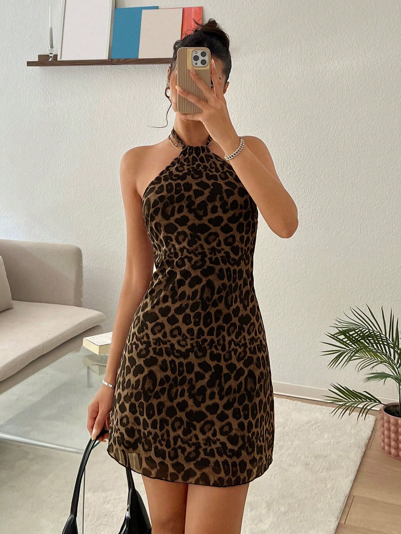 EZwear Women's New Leopard Print Halter Backless A-Line Mini Dress Cheetah Print - image 2