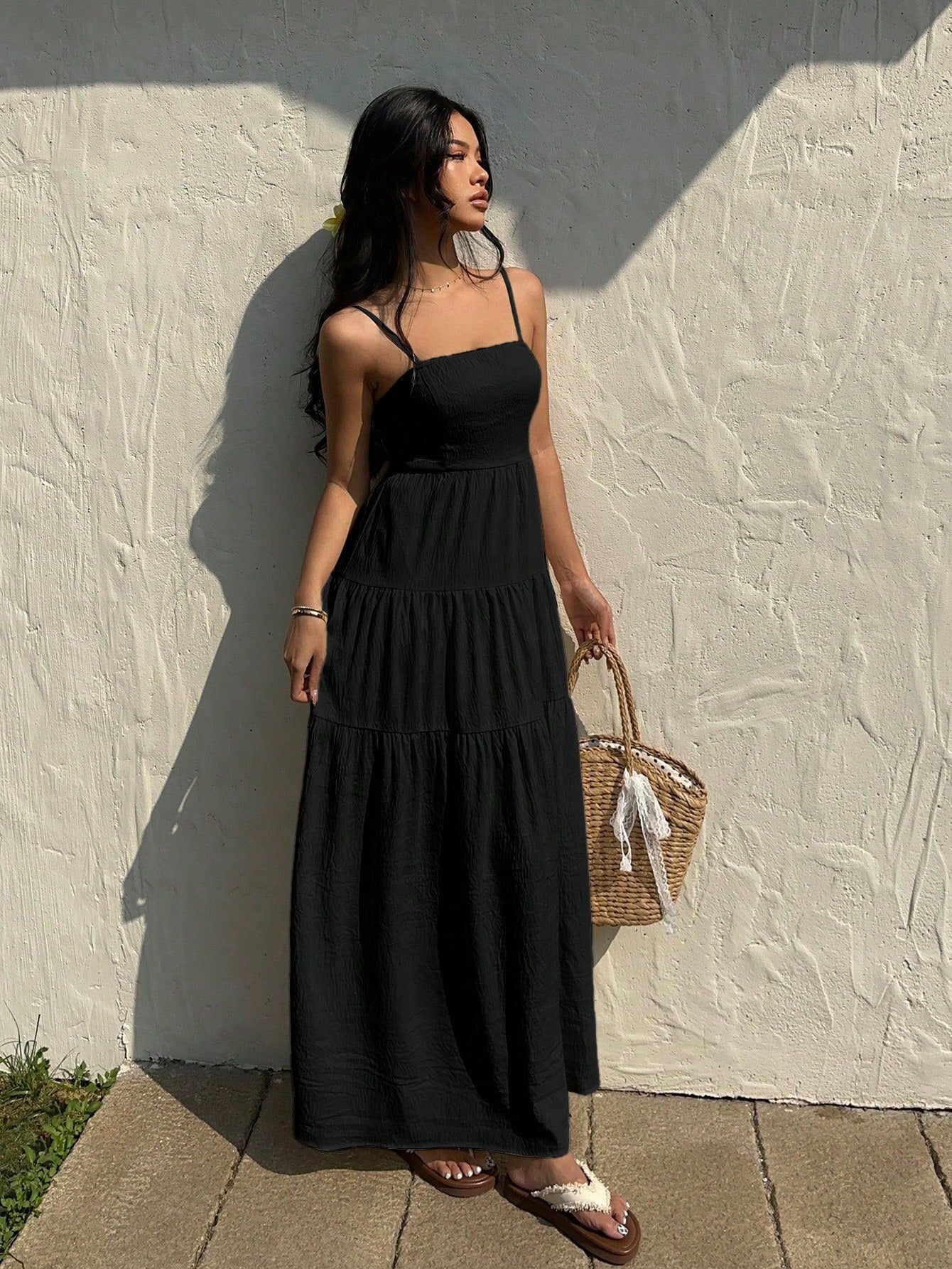 Sunnyshic Light Apricot Textured Fabric Pleated Tube Top Wide Loose Waist Dress With Spaghetti Straps, - image 11
