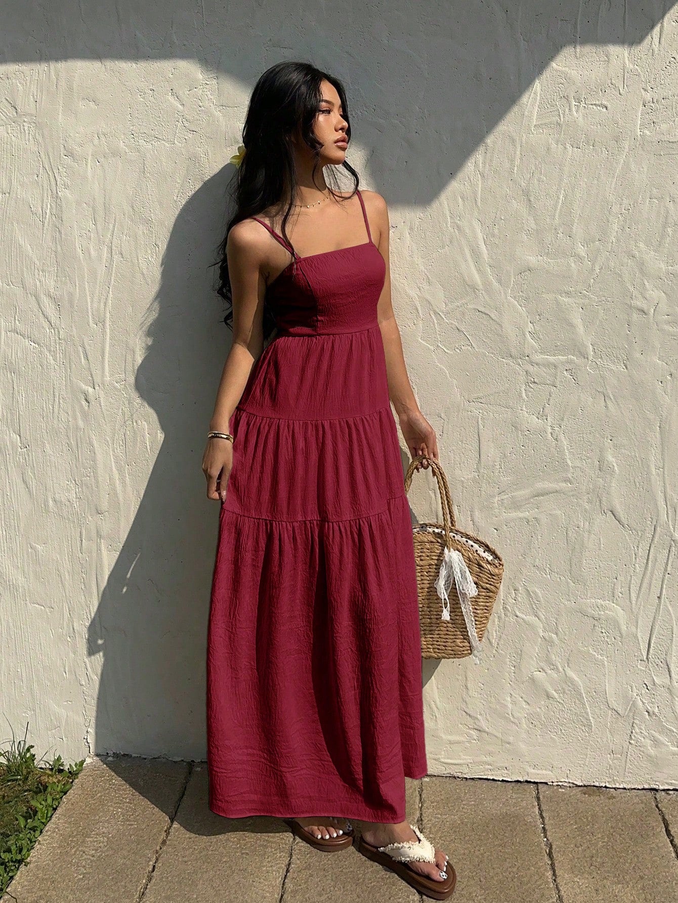 Sunnyshic Light Apricot Textured Fabric Pleated Tube Top Wide Loose