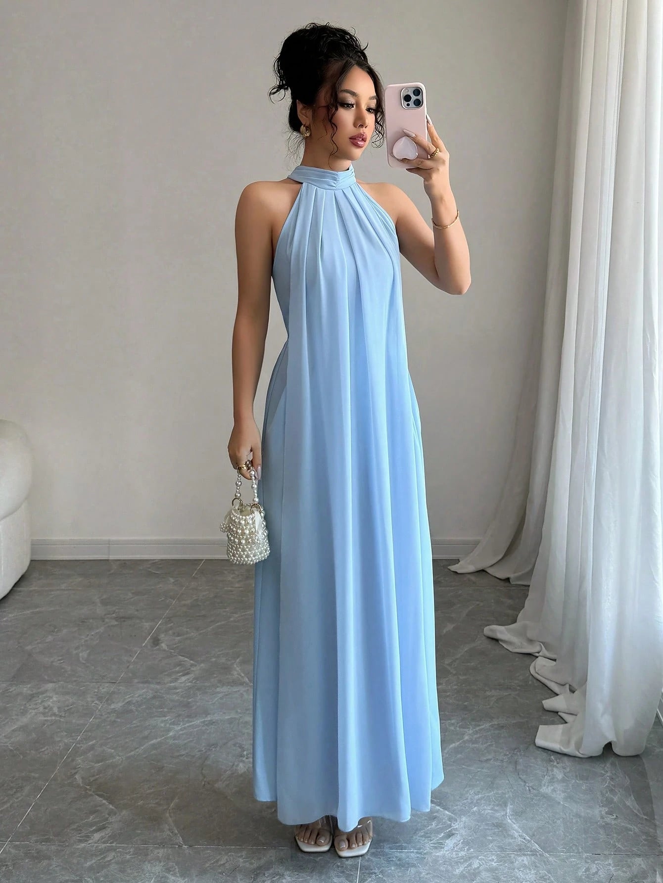 Rafferiza Women's Light Blue Halter Elegant Long Maxi Sundress,
