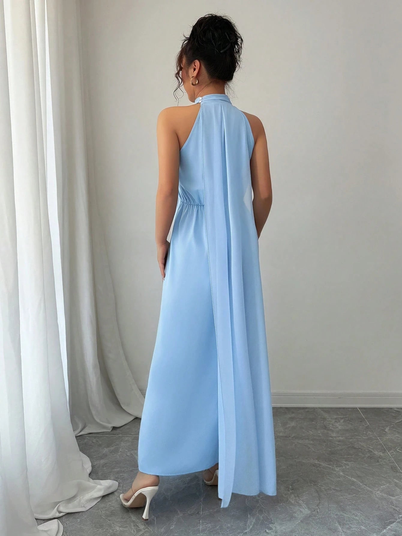 Rafferiza Women's Light Blue Halter Elegant Long Maxi Sundress,