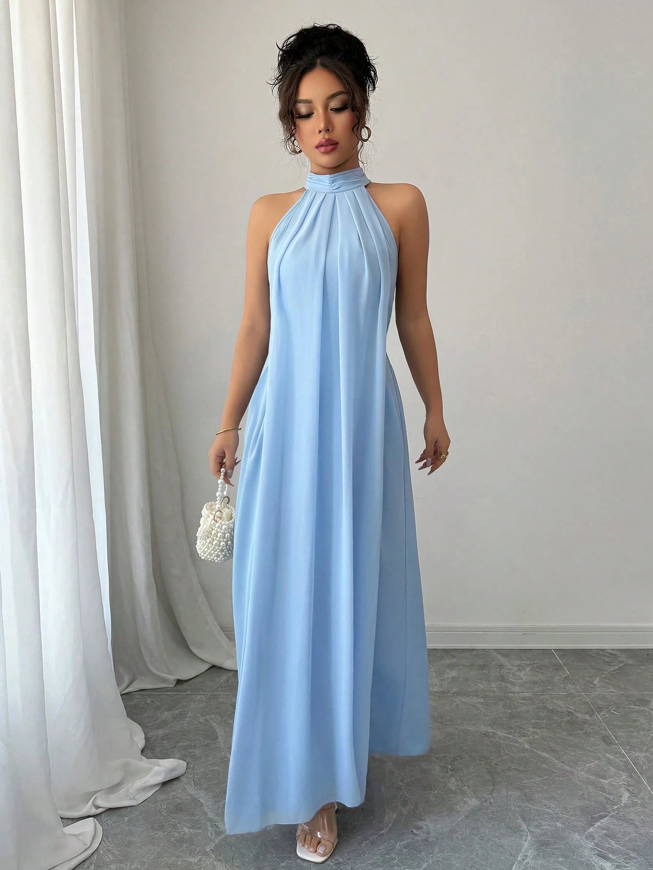 Rafferiza Women's Light Blue Halter Elegant Long Maxi Sundress,