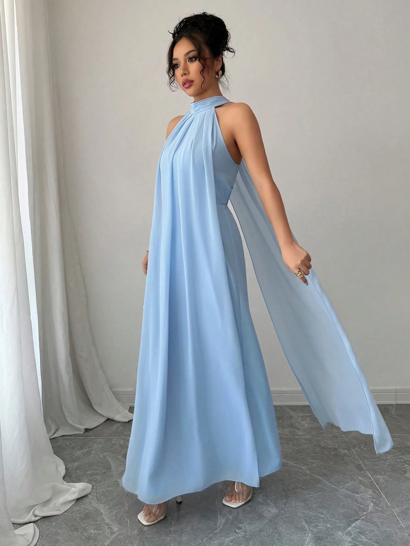 Rafferiza Women's Light Blue Halter Elegant Long Maxi Sundress,