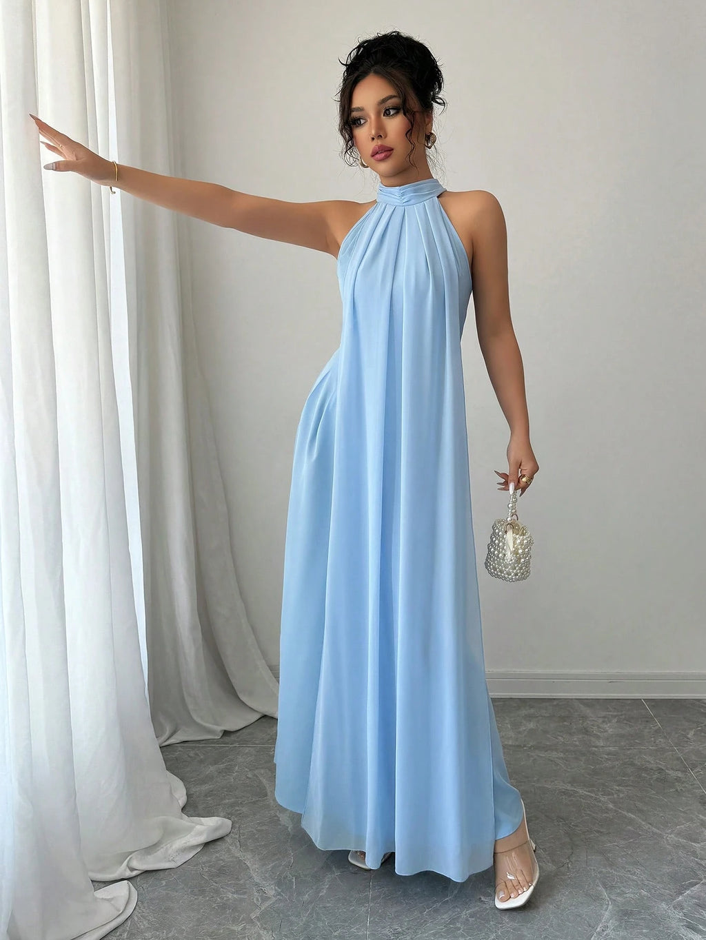 Rafferiza Women's Light Blue Halter Elegant Long Maxi Sundress,