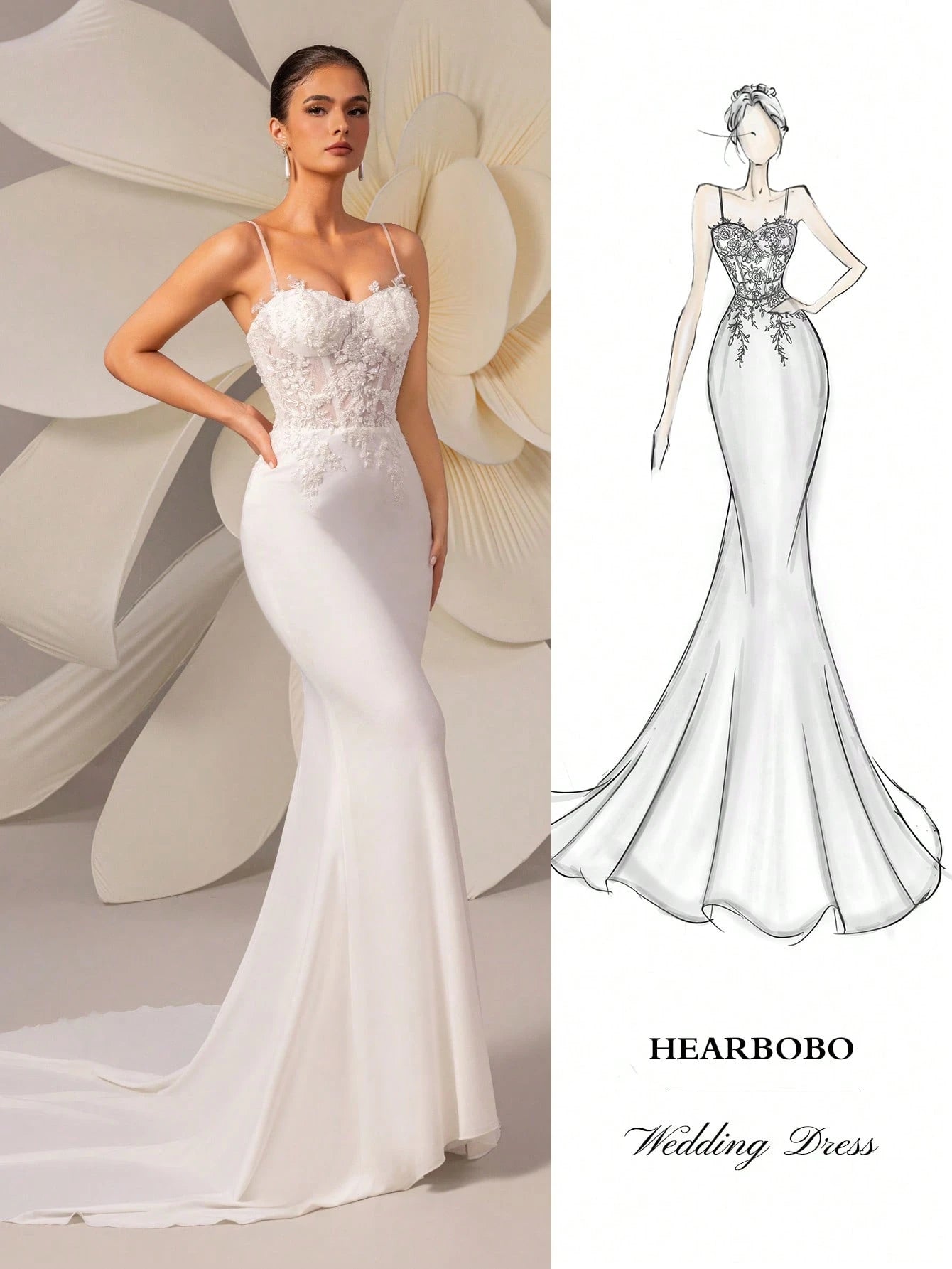 HEARBOBO Elegant New Year Spaghetti Strap Beaded Sequin White Lace Evening Dress Wedding