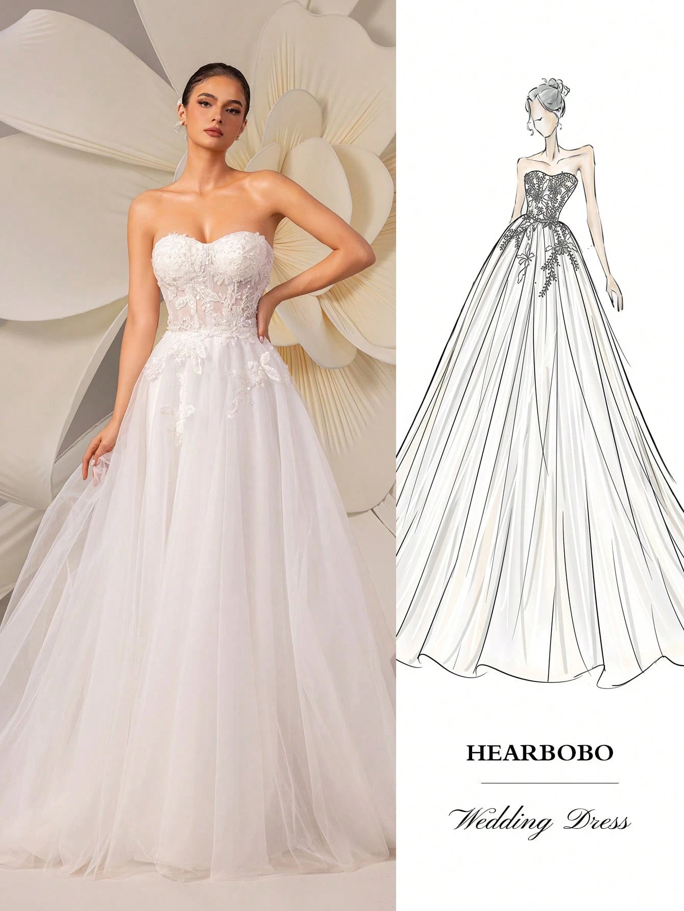 HEARBOBO Sexy Sleeveless Wedding Dress, Featuring Strapless Neckline, Long Tulle Skirt And Delicate Applique