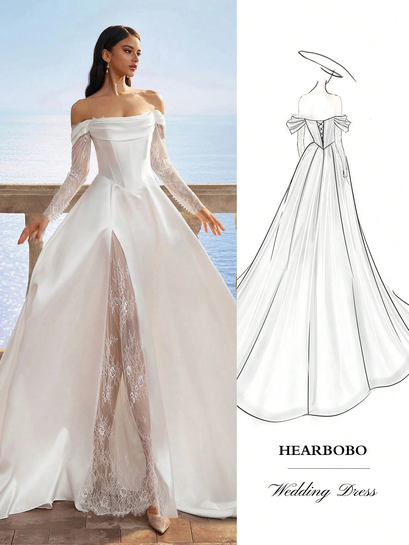 Elasola Plain Color Vintage Satin Open Shoulder Long Sleeve Minimalist Mesh Contrast Split-Hem Maxi Wedding