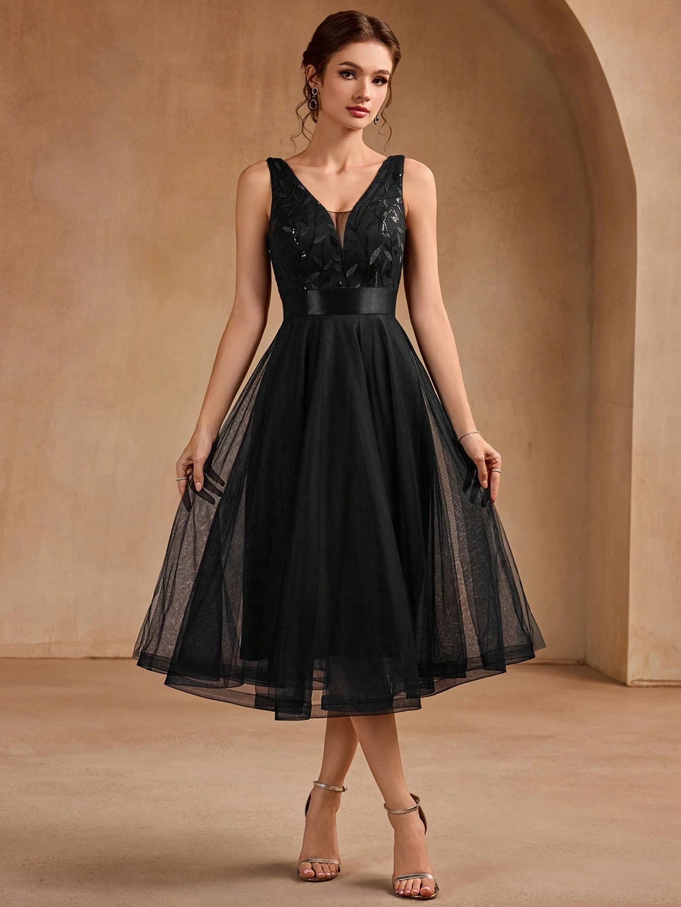 XUCTHHC Elegant V-Neck Sleeveless Sequin Embroidery & Mesh A-Line Bridesmaid Dress Wedding - image 5