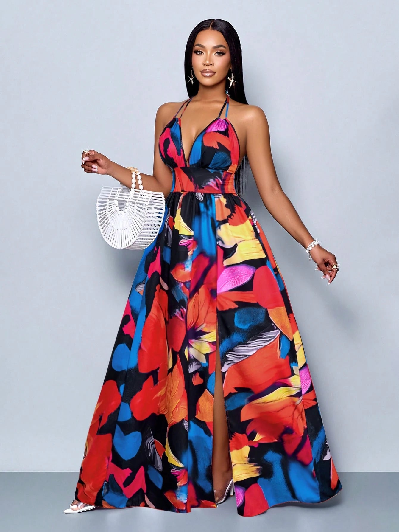 SOLERSUN Women Casual Holiday Deep V Neck Backless Ruched Split Thigh Maxi Dress With Botanical Print - image 17