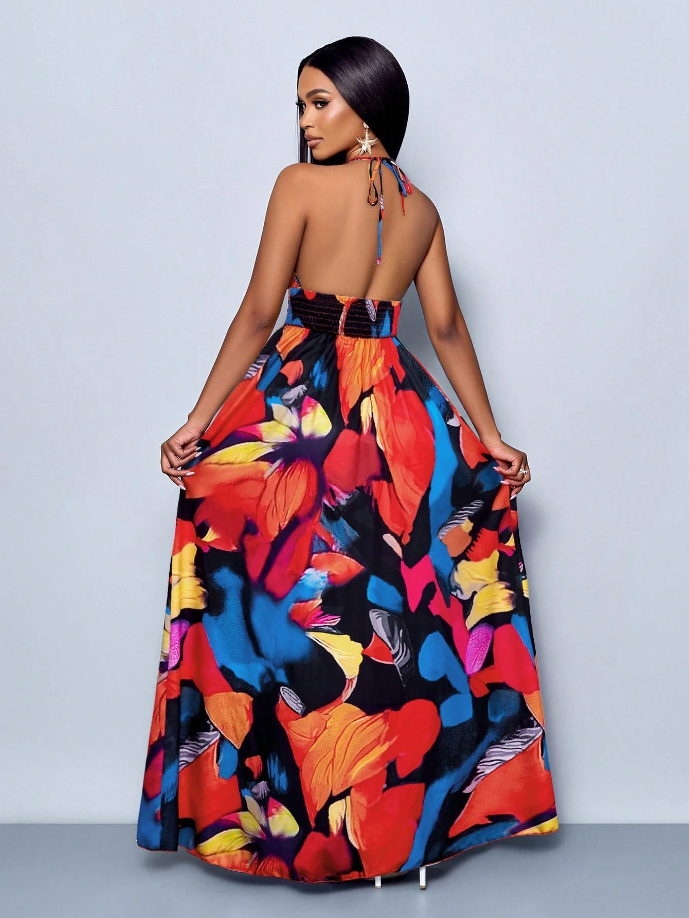 SOLERSUN Women Casual Holiday Deep V Neck Backless Ruched Split Thigh Maxi Dress With Botanical Print - image 18