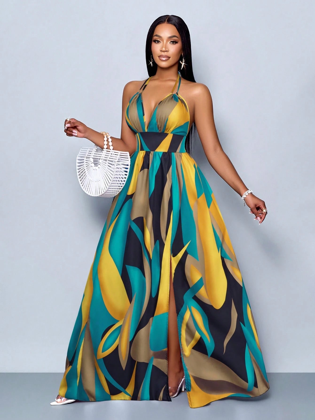 SOLERSUN Women Casual Holiday Deep V Neck Backless Ruched Split Thigh Maxi Dress With Botanical Print - image 13