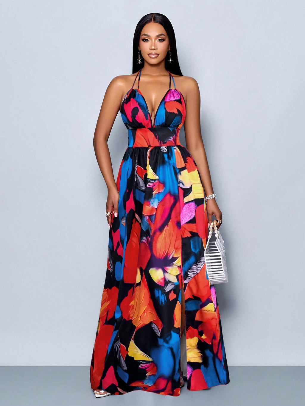 SOLERSUN Women Casual Holiday Deep V Neck Backless Ruched Split Thigh Maxi Dress With Botanical Print - image 20