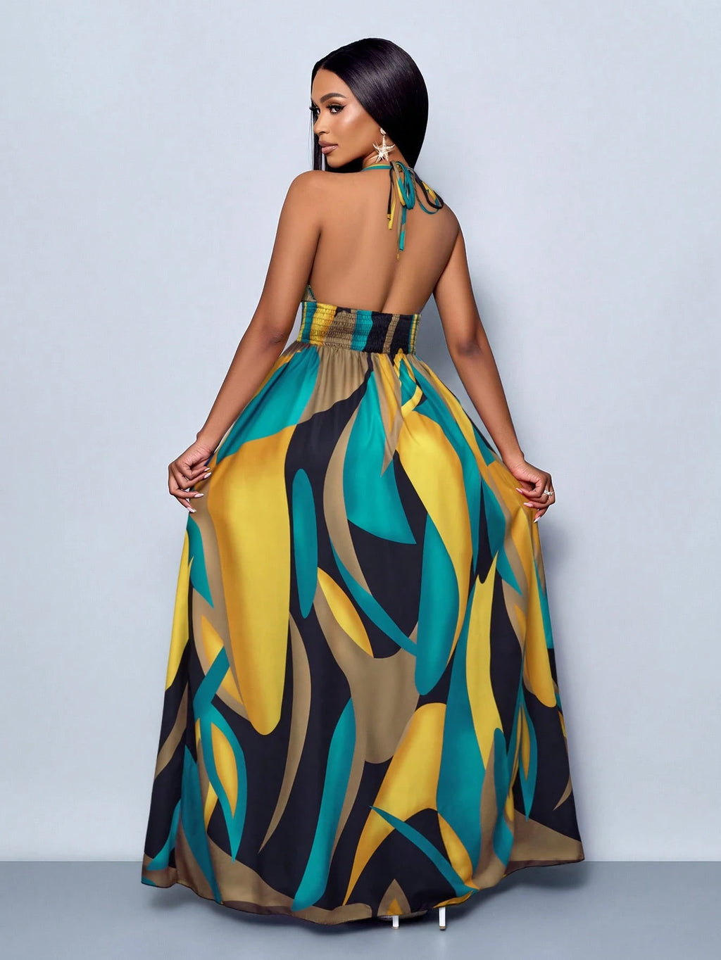 SOLERSUN Women Casual Holiday Deep V Neck Backless Ruched Split Thigh Maxi Dress With Botanical Print - image 14