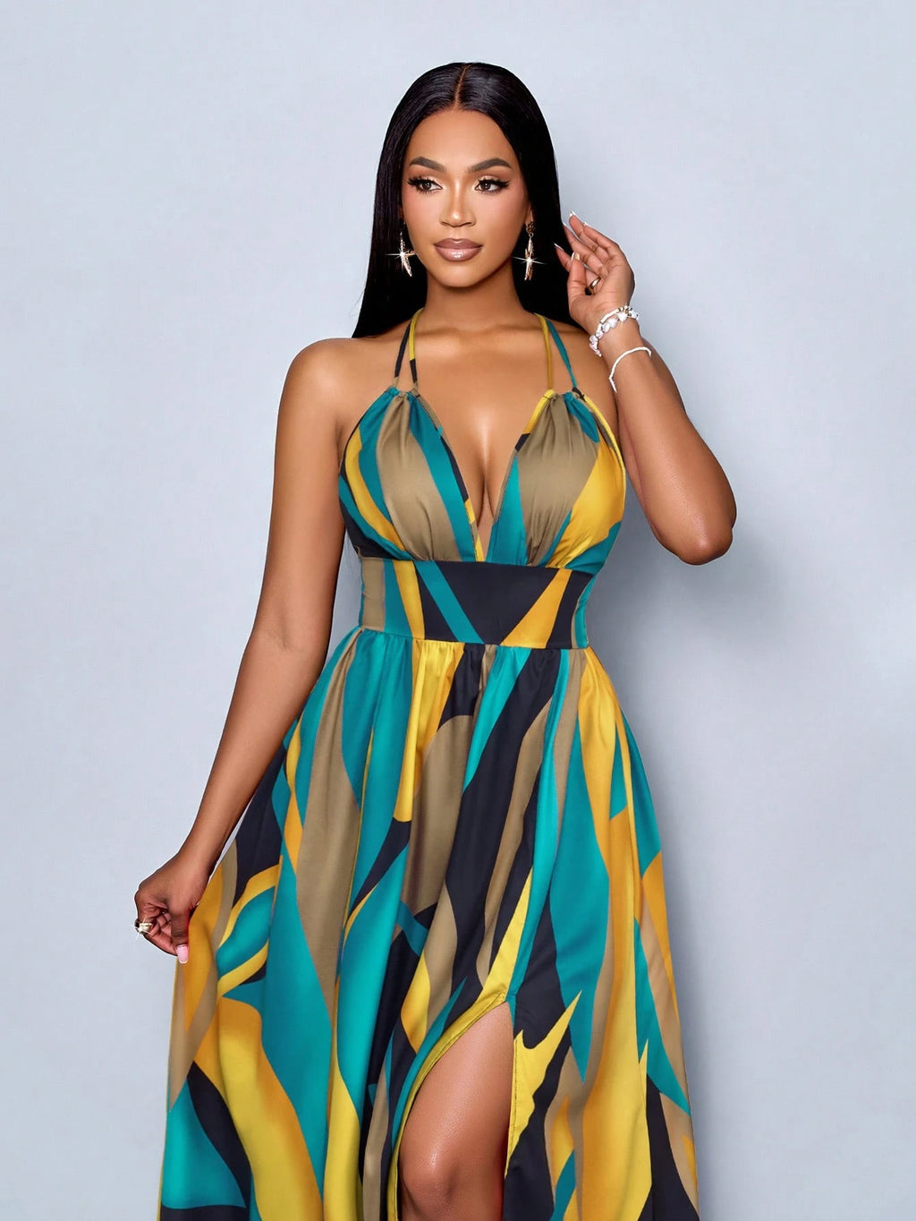 SOLERSUN Women Casual Holiday Deep V Neck Backless Ruched Split Thigh Maxi Dress With Botanical Print - image 15
